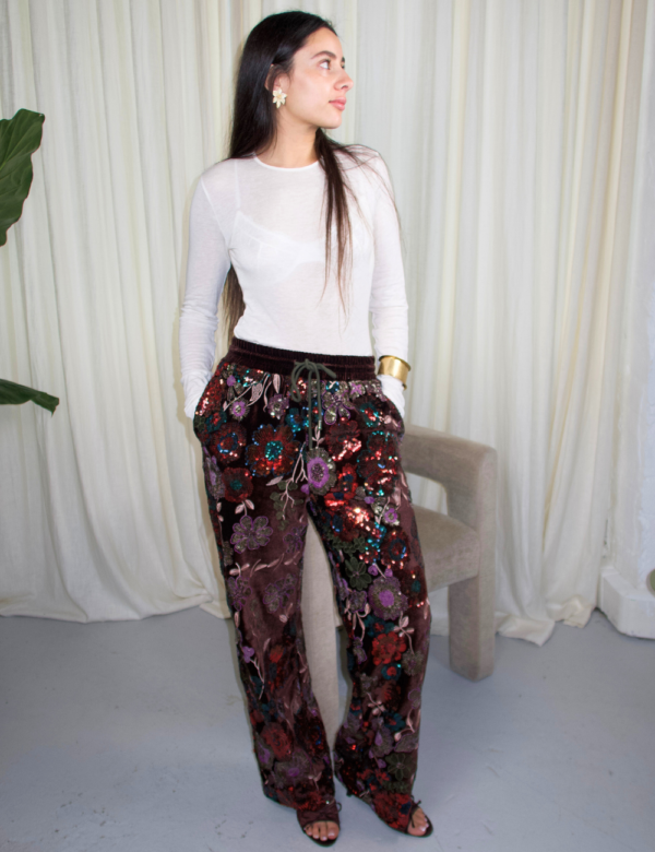 12 Pantalon Velours Sequins Marron - Pantalon Élégant Soirée