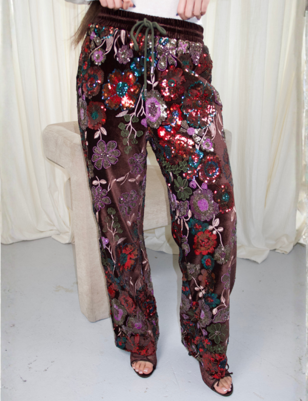 14 Pantalon Velours Sequins Marron - Pantalon Élégant Soirée