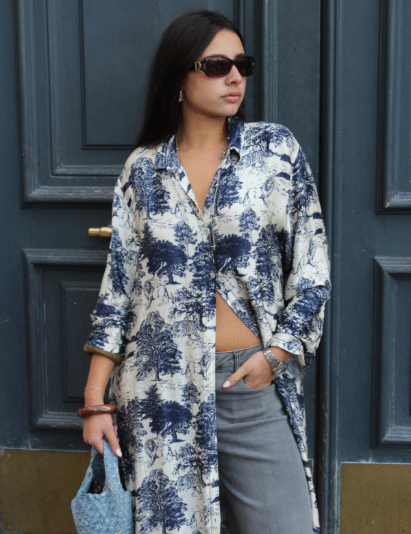 Détail imprimé Toile de Jouy bleu blanc motif classique français