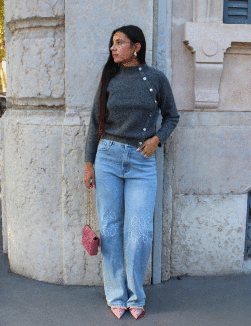 Jean brodé floral détails romantiques femme Ambre