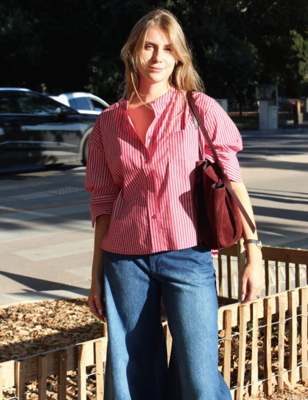 Chemisier rayures stylé avec jean et baskets blanches casual chic