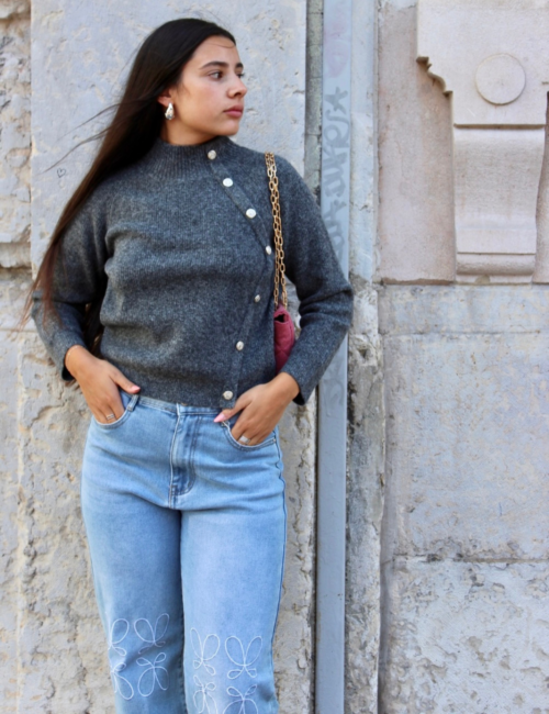 Pull maille gris boutonné femme Made in Italy Ambre Concept Store