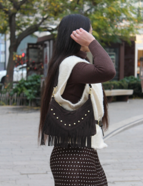Sac suède marron franges studs femme Ambre Concept Store